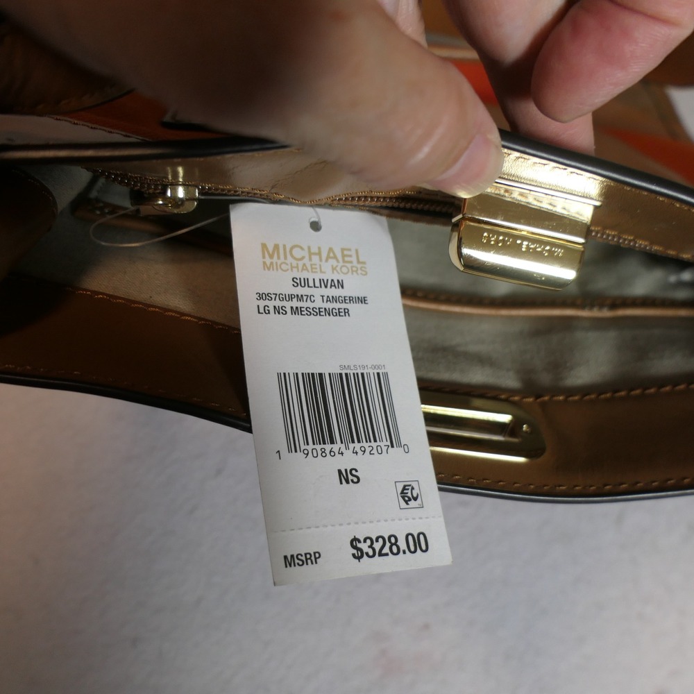 Michael Kors Womens Sullivan Messenger Bag L Tangerine Tan Canvas Leather Bold - Picture 2 of 16